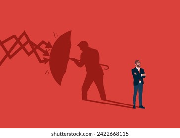 Businessman standing with shadow man holding umbrella to cover and protect from downturn arrow. Defensive stock in economy crisis or  insurance concept. Flat vector illustration