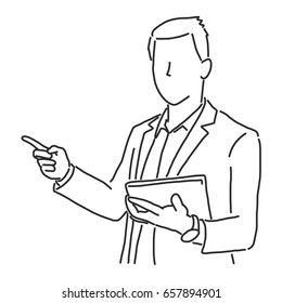 Businessman is standing and showing something to client - line drawing vector illustration graphic design