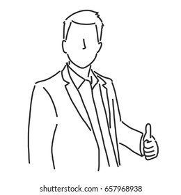 Businessman is standing and showing thumb up for a good new- line drawing vector illustration graphic design