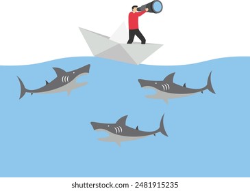 Businessman standing In The Up Side Down Open Umbrella with team surrounded by sharks.

