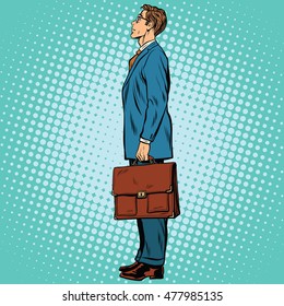 Businessman standing sideways pop art retro comic drawing illustration