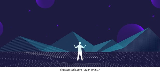 Businessman standing silhouette and Digital Contour curve dot and line and wave with wireframe. The concept for metaverse and VR technology
