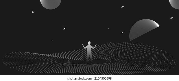 Businessman standing silhouette and Digital Contour curve dot and line and wave with wireframe. The concept for metaverse and VR technology
