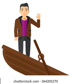Businessman standing in sinking boat.