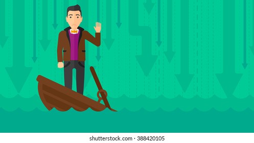 Businessman standing in sinking boat.