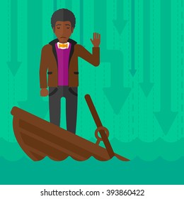 Businessman standing in sinking boat.