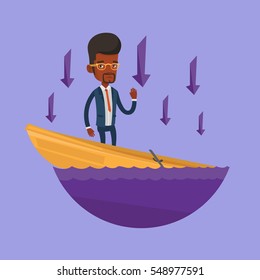 Businessman standing in sinking boat and asking for help. Businessman sinking and arrows behind him pointing down symbolizing business bankruptcy. Vector flat design illustration. Square layout.