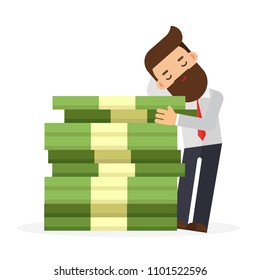 businessman standing and sleeping on tall stacked dollar bundles heap