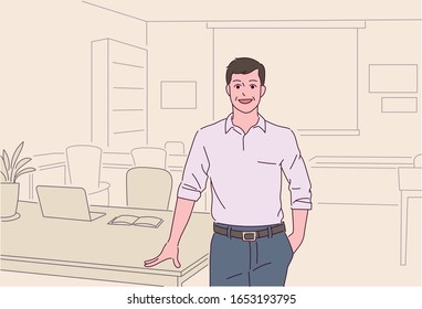 A businessman is standing with a smile and looking straight ahead. Office background. hand drawn style vector design illustrations. 