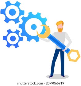 Businessman standing with spanner in hands. Manager adjusts some mechanism. Support and service concept. Setting options, maintenance, repair, concept. Man with wrench examining, fixing gears