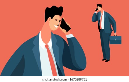 Businessman standing and speaking on the phone, looking down. Cartoon character with briefcase and smartphone. Vector illustration