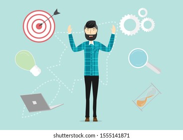 Businessman standing and start up element isolated on background. Vector illustration in flat design.  