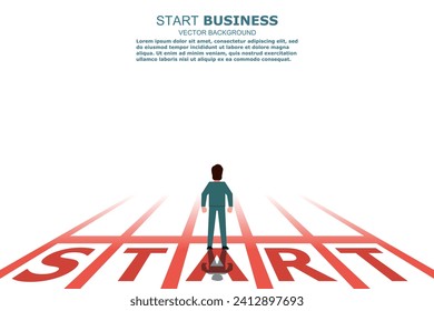 Businessman standing at the start line. The starting point to grab the finish line in the future. Startup banner to compete against itself. Business Concept. Vector illustration flat design style