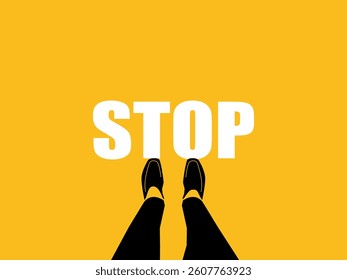 Businessman standing at stop point, top view for decision to stop business.