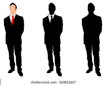 Businessman standing straight and holding his hands behind his back, vector