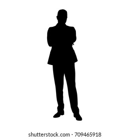 Businessman standing in suit with folded arms and thinking, isolated vector silhouette. Front view
