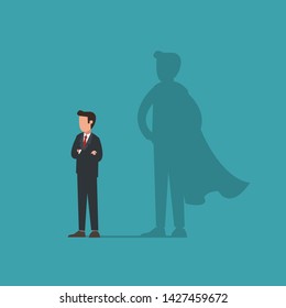 Businessman standing with superhero shadow. Business concept of courage, leadership, super power, professional success, motivation at work. Flat modern vector illustration.