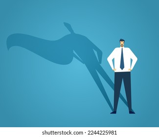 Businessman standing with superhero shadow, confident man. Illustration of business success and superhero, hero standing shadow, strong man manager vector power and strength