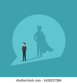 Businessman standing with superhero shadow in light spot. Business concept of leadership, power, professional success, motivation at work. Flat vector illustration.