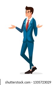 Businessman standing and surprised. Blue classic costume with red tie. Flat vector illustration isolated on white background. Cartoon character design.