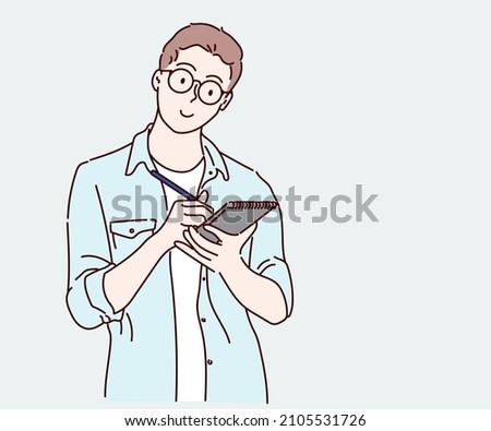 Businessman standing with take a note, writing business idea and future plans. Thinking man character. Hand drawn in thin line style, vector illustration.