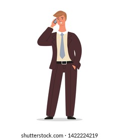 Businessman is standing and talking on the phone. Office worker is conversation on a smartphone. Business man character design isolated on white background, vector cartoon illustration