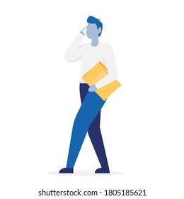 Businessman standing and talking on the phone. Color vector illustration