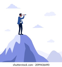 Businessman standing with telescope on the top of mountain in flat design. Business vision for the future.