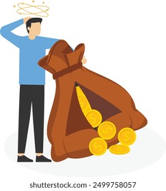 Geschäftsmann steht und denkt über Frage, verlorenes Geld, wirtschaftliche Unterstützung, finanzielle Probleme zu beheben, Vektorgrafik-Design-Konzept im flachen Stil

