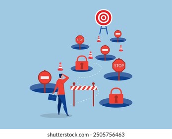 Businessman standing thinking with Fear, anxiety, confusion, fail fixed mindset concept vector illustrator.