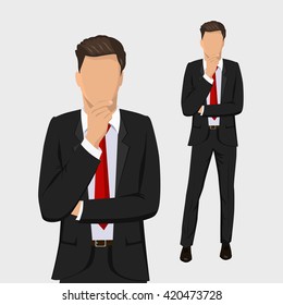 Businessman standing, thinking. Full length portraits of Elegant, handsome man in suit isolated on white background. Flat design. Vector cartoon illustration