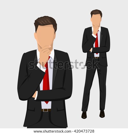 Businessman standing, thinking. Full length portraits of Elegant, handsome man in suit isolated on white background. Flat design. Vector cartoon illustration