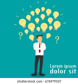 businessman standing thinking idea with lightbulb symbol. Flat vector idea concept