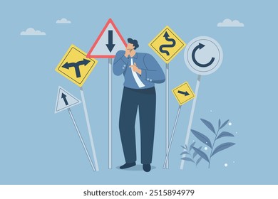 Businessman standing thinking and looking at crossroads sign, Difficult decision, Choosing the right direction, Finding the right business direction, Confusion or decision about business direction.