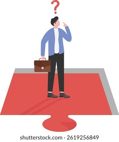 Empresário de Pé e Pensando na Parte Desaparecida do Quebra-Cabeça. Business Solution Concept (Conceito de solução de negócios)


