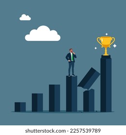 Businessman standing and thinking to reach the trophy symbol to achieve a goal. Modern vector illustration in flat style 