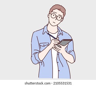 Businessman standing with thoughtful expression and holding paper notebook. Thinking man character. Hand drawn in thin line style, vector illustration.