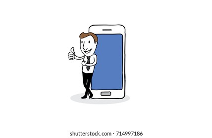 businessman standing and thumb up with big smartphone.online marketing presentation business concept. isolated vector illustration outline hand drawn doodle line art cartoon design character.
