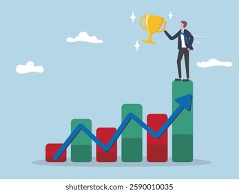 Businessman standing at the top of graph and holding trophy. Concept of financial success, startup growth, high return investment, profits, income increase, career success, flat vector illustration.