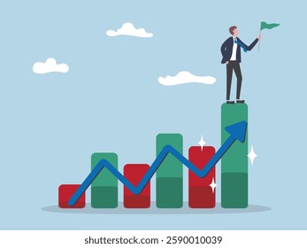 Businessman standing at the top of graph and holding flag. Concept of financial success, startup growth, high return on investment, profits, income increase, career success, flat vector illustration.