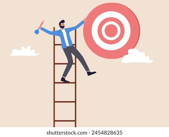 businessman standing at the top of the stairs, aiming an arrow at the target. Illustration of success, ideals and achieving targets in business and life.