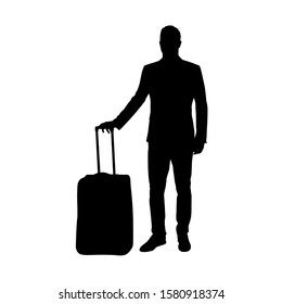 Businessman standing with travel luggage, isolated vector silhouette