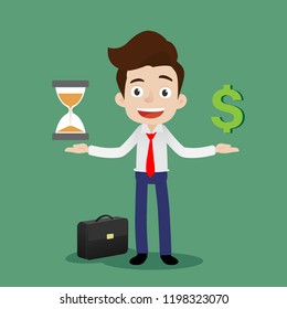 Businessman is standing and trying to keep a balance between time and money, Cartoon vector illustration
