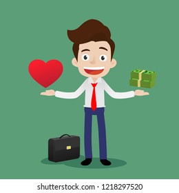 Businessman is standing and trying to keep a balance between love and money, Cartoon vector illustration