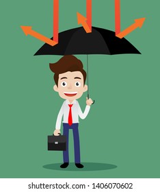Businessman standing with umbrella to protect himself from various problems, Cartoon vector illustration