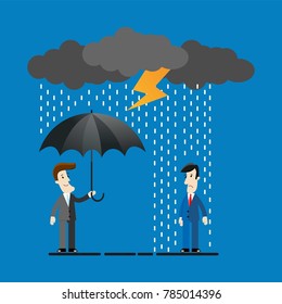 businessman standing with umbrella under thunderstorm. Concept of businessman protection. Businessman standing in the rain