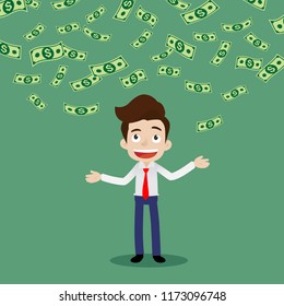 Businessman was standing under the falling money like rain, Cartoon vector illustration