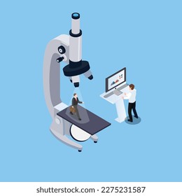 Businessman standing under a microscope being examined 3d isometric vector illustration concept for banner, website, landing page, ads, flyer template