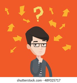 Businessman standing under question mark and arrows. Young businessman thinking. Thoughtful businessman surrounded by question mark and many arrows. Vector flat design illustration. Square layout.