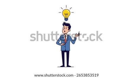 Businessman standing underneath a bright light bulb symbolizing a new idea and inspiration concept